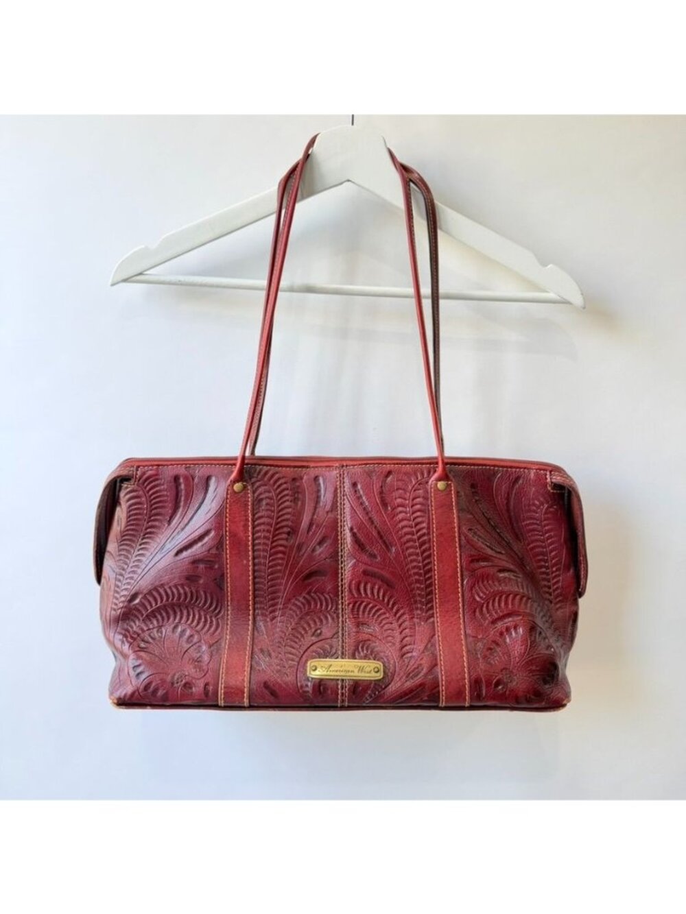 American West Tooled Leather Burgundy Western Shoulder Handbag Purse